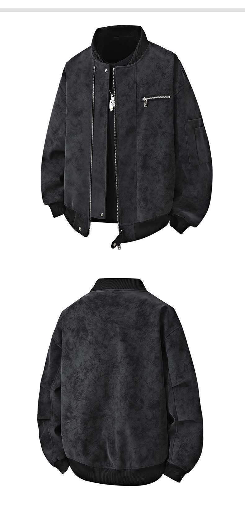 Vintage Tie-Dye Flight Jacket For Men, Double Zipper PU Leather Bomber Jacket With Stand Collar, Washed Distressed Style_voghion.com