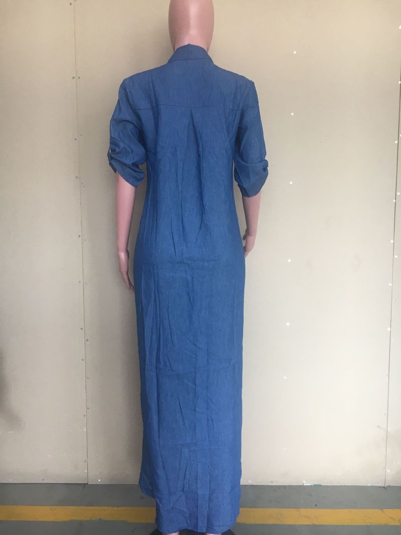 Vestido largo suelto de una pieza de mezclilla con lavado a la moda para mujer_voghion.com