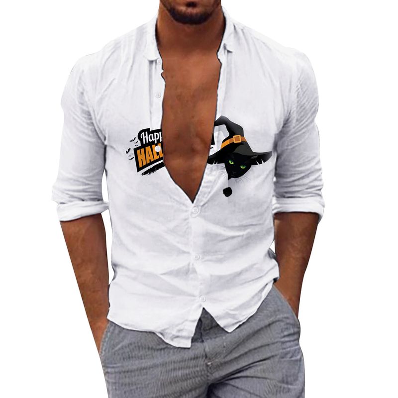 Chemise ample de plage imprimée en 3D à manches longues pour hommes, taille américaine, tête de citrouille chauve-souris Halloween_voghion.com