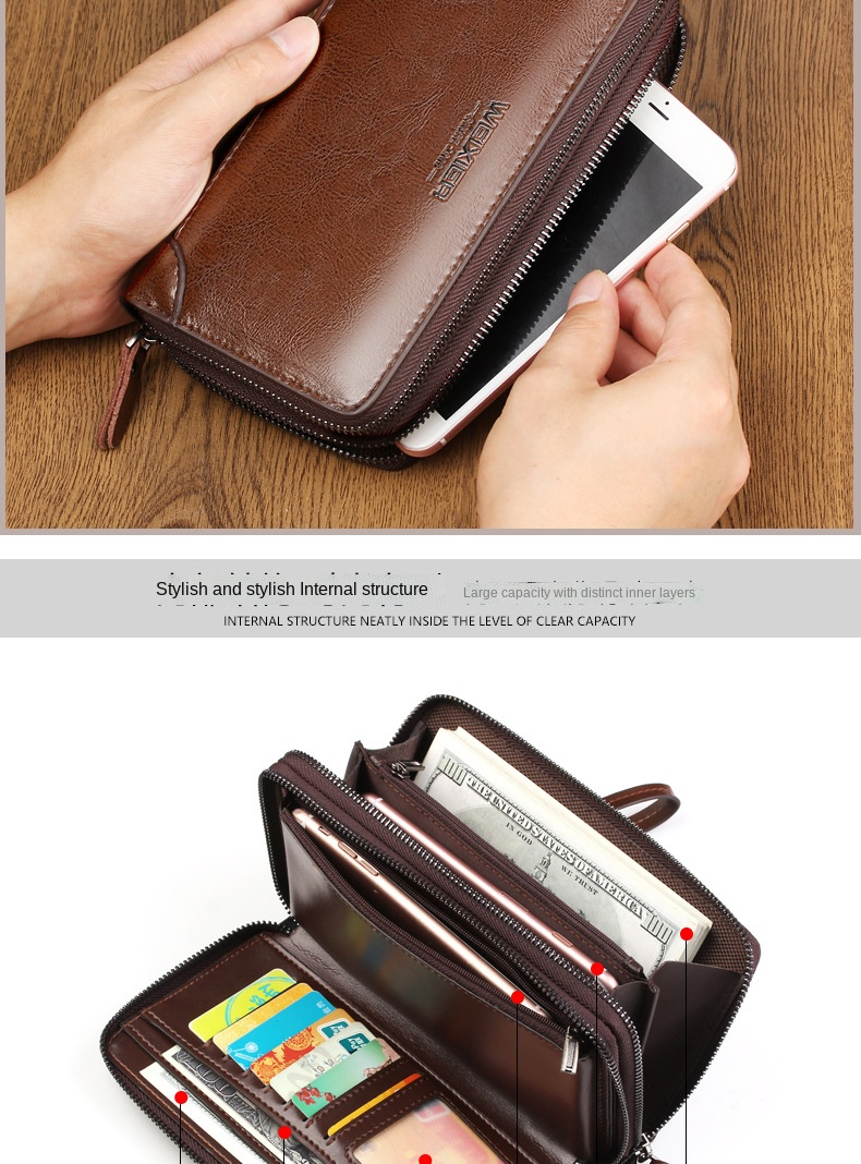 Herrepung Lang pung Pung Læderpung Kohudpung Herre Lynlås Ungdom Business Clutch_voghion.com