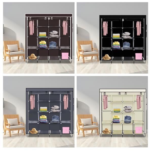 67" Clothes Closet Portable Wardrobe Clothes Storage Rack 12 Shelves 4 Side Pockets Beige_voghion.com
