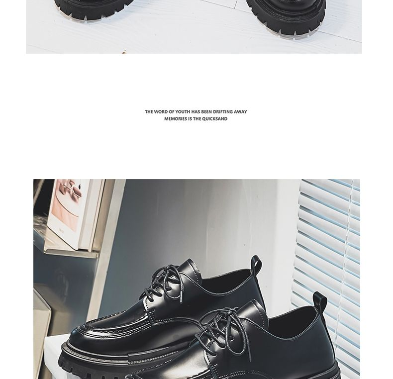 Leather shoes for men in spring and summer, new black round head with high inner height, student lace up small leather_voghion.com