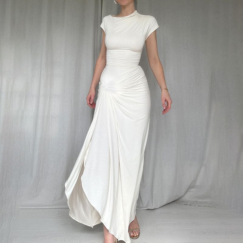 XY24158 Été 2024 Nouvelle robe longue coupe slim avec taille cintrée sexy, manches courtes torsadées et fendues_voghion.com