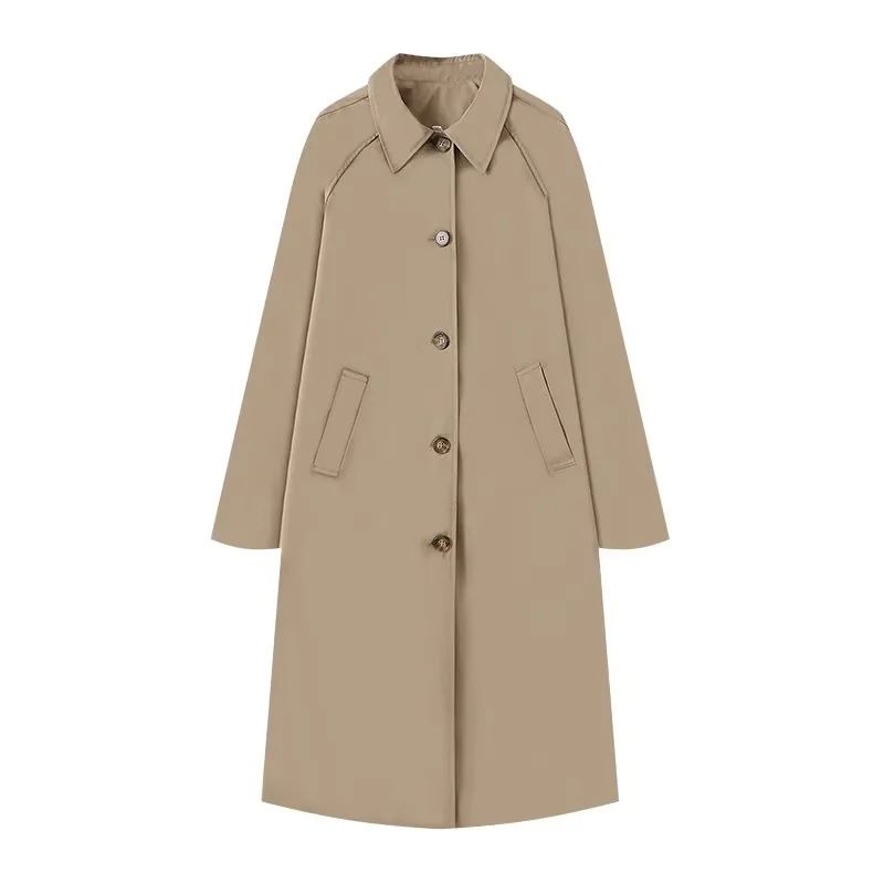 Trench da lavoro alla moda da donna: elegante giacca monopetto con revers, in poliestere leggero, look vintage invecchiato, casual e streetwear_voghion.com