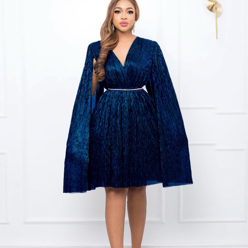 Damenbekleidung Neue V-Ausschnitt Temperament Langarm Cape Taille Kleid Rock_voghion.com