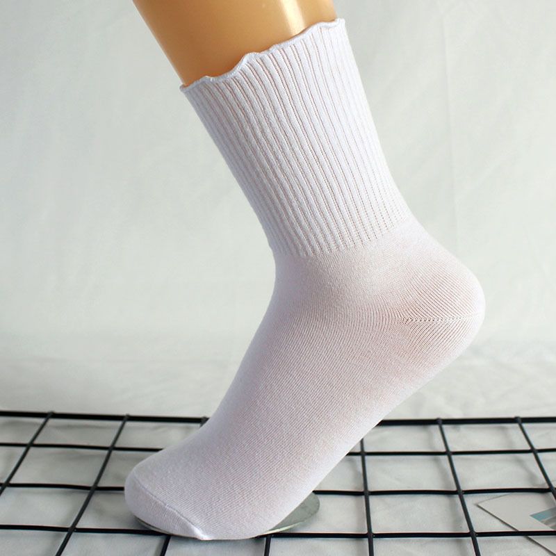 Calzini da donna Calzini alla caviglia plissettati da donna Calzini autunnali invernali in cotone con pizzo alle orecchie in legno Calzini a tubo medio da donna in tinta unita_voghion.com