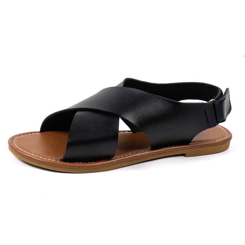 Flache Sandalen für Damen 2023 Sommer Weiche Sohle Bequeme runde Zehenpartie Einfarbige Ein-Riemen-Schnalle Große Damenschuhe_voghion.com