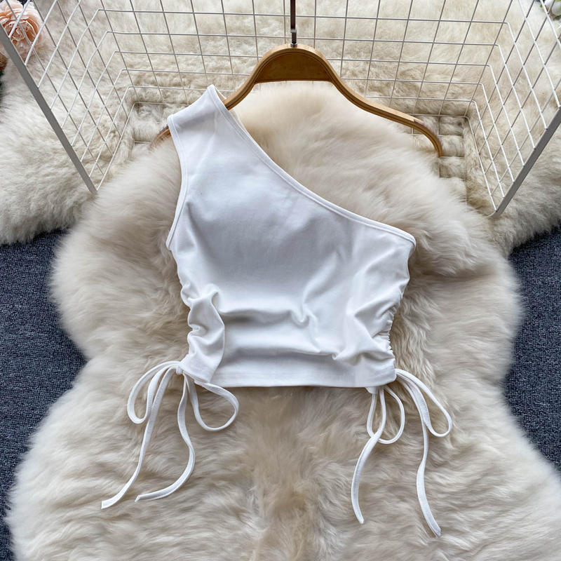 Women's Drawstring Lace-up Slouchy Vest Irregular Raw Edge Split Denim Half-body Skirt Two Piece Set_voghion.com