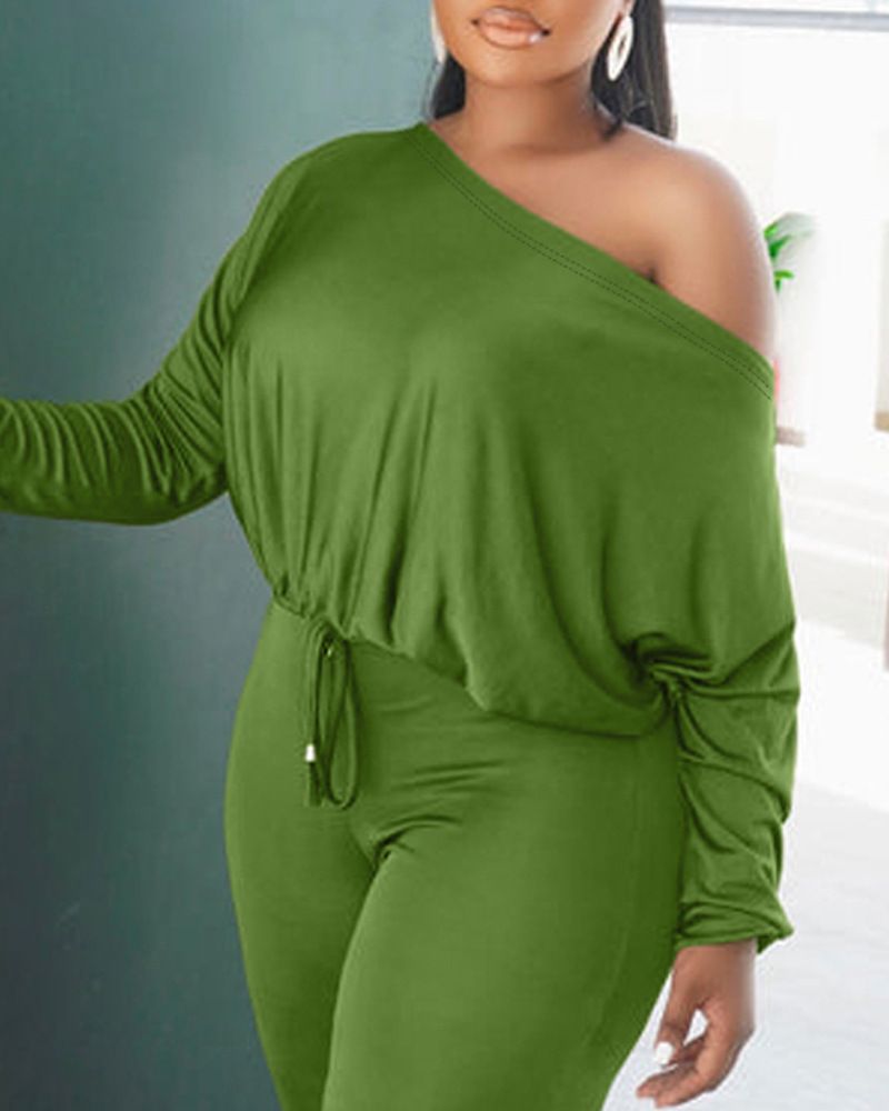 Damenbekleidung - einfarbiger schulterfreier Anzug mit Kordelzug in der Taille_voghion.com