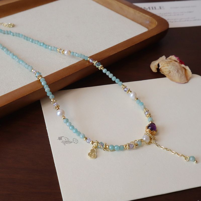 Women's Ins-Style Jewelry Set: Natural Tianhe Stone Beaded Pearl Collarbone Chain + Amethyst Niche Pendant Necklace + Ring Bracelet_voghion.com