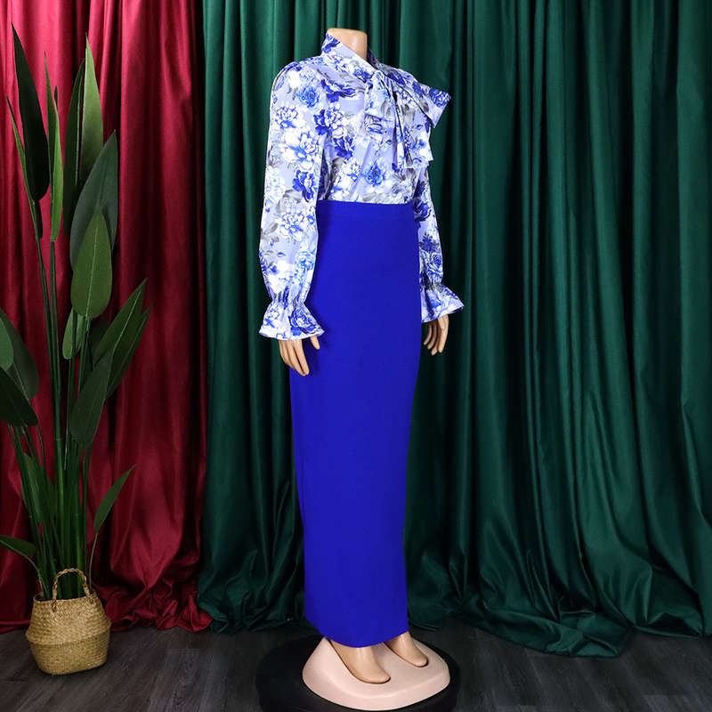 Dameskleding Mode Bedrukt Strappy Shirt met Lange Mouwen Rok Lange Rok Tweedelige Set_voghion.com