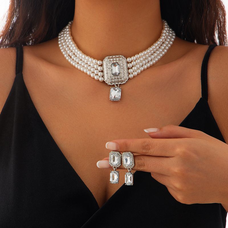 Retro square full diamond gem pearl choker necklace temperament French multi layer necklace_voghion.com
