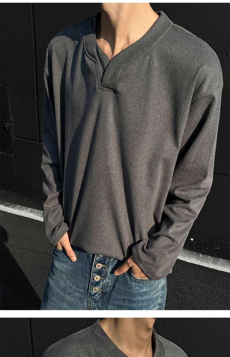 boy Boy Autumn Winter De Velvet V-Neck Sweatshirt Warm Inner Layer Base Shirt Long Sleeve T-Shirt Top Trendy Men's Cool Fashion_voghion.com