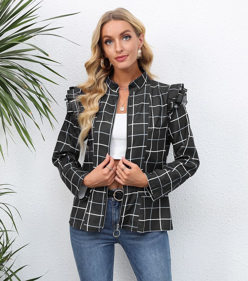 Giacca a maniche lunghe con scollo rotondo e cerniera stampata da donna, autunno e inverno_voghion.com