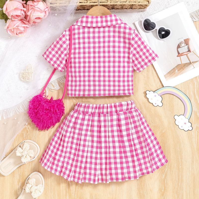 Outdoor summer small and medium-sized children's fur suspender vest+plaid short sleeved jacket+short skirt, love bag,_voghion.com