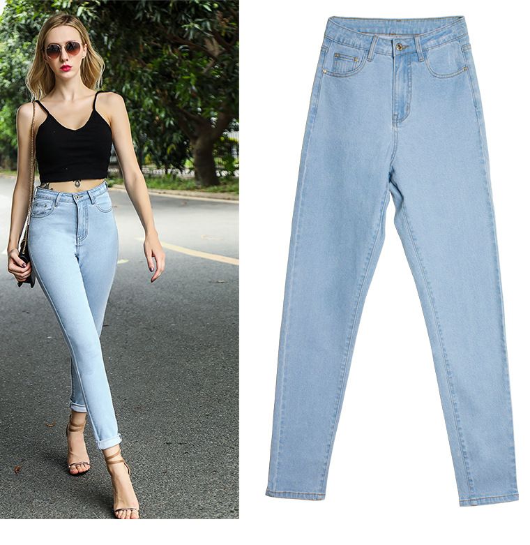 Vêtements pour femmes, pantalon en denim extensible slim taille haute, jean slim délavé de couleur unie_voghion.com