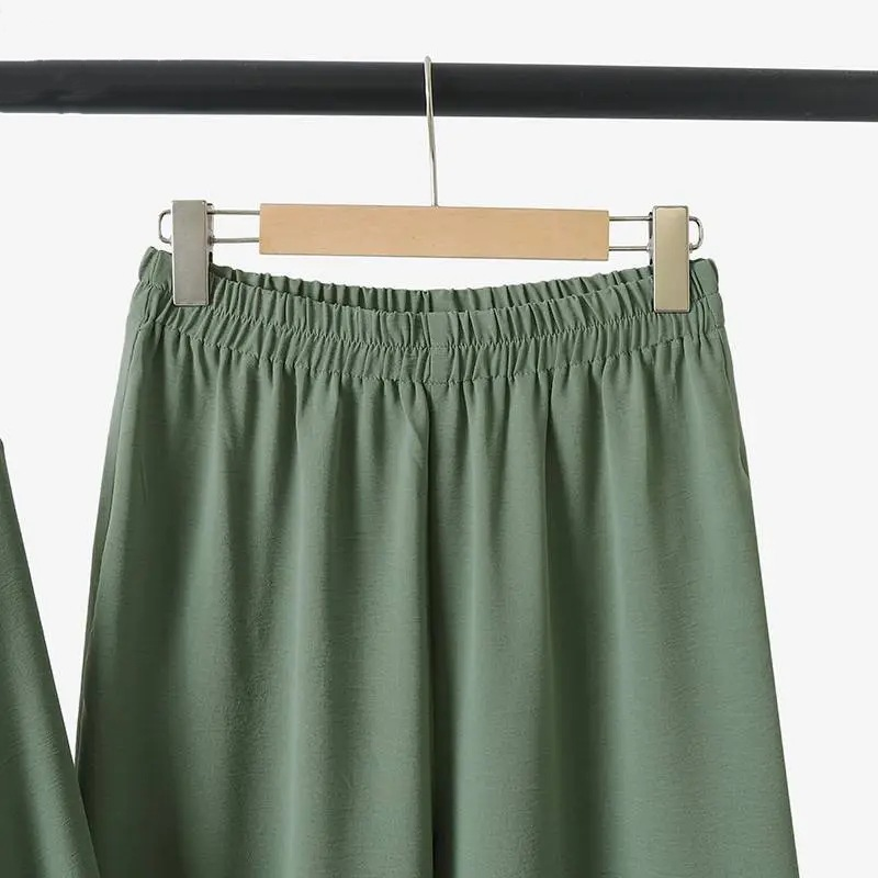 Moteriški dviejų dalių moteriški drabužiai Sportiniai drabužiai Elegantiški vienspalviai marškiniai ilgomis rankovėmis, plačių kelnių kostiumas_voghion.com