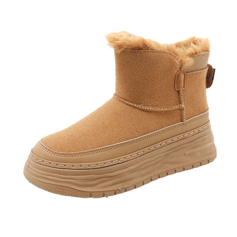 New 2024 Autumn Winter Korean Style Fleece-Lined Snow Boots For Women Solid Color Mid-Cut Height-Increasing_voghion.com