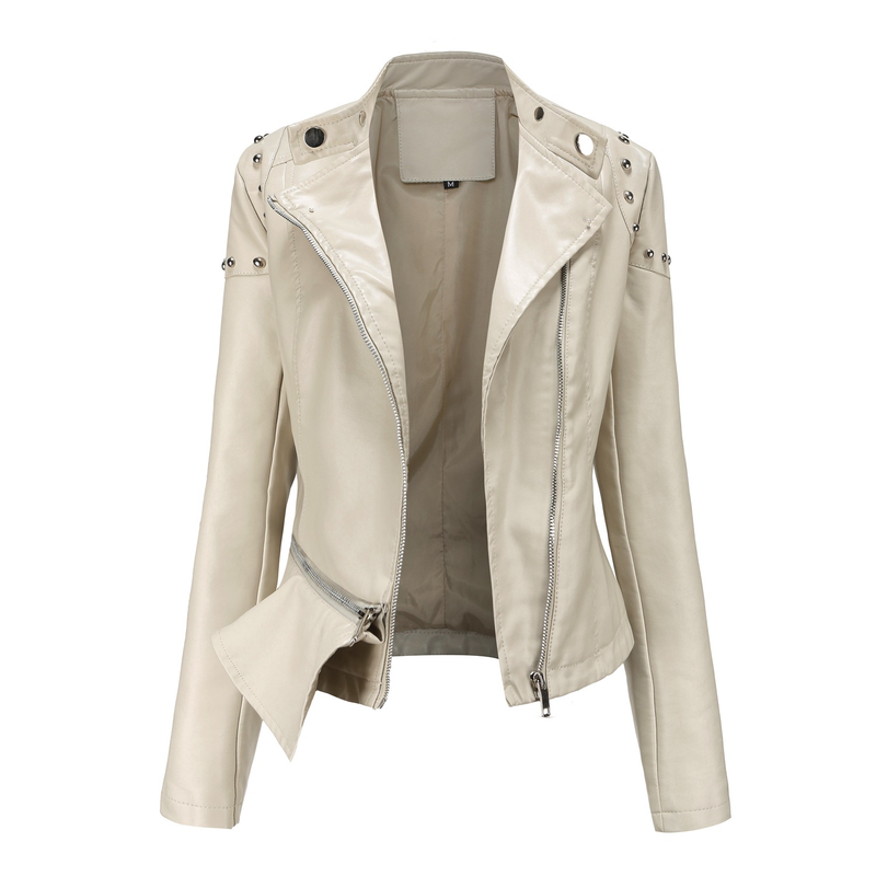 Giacca in pelle con rivetti da donna, nuova moda 2021, con colletto rialzato, tinta unita, primavera e autunno_voghion.com