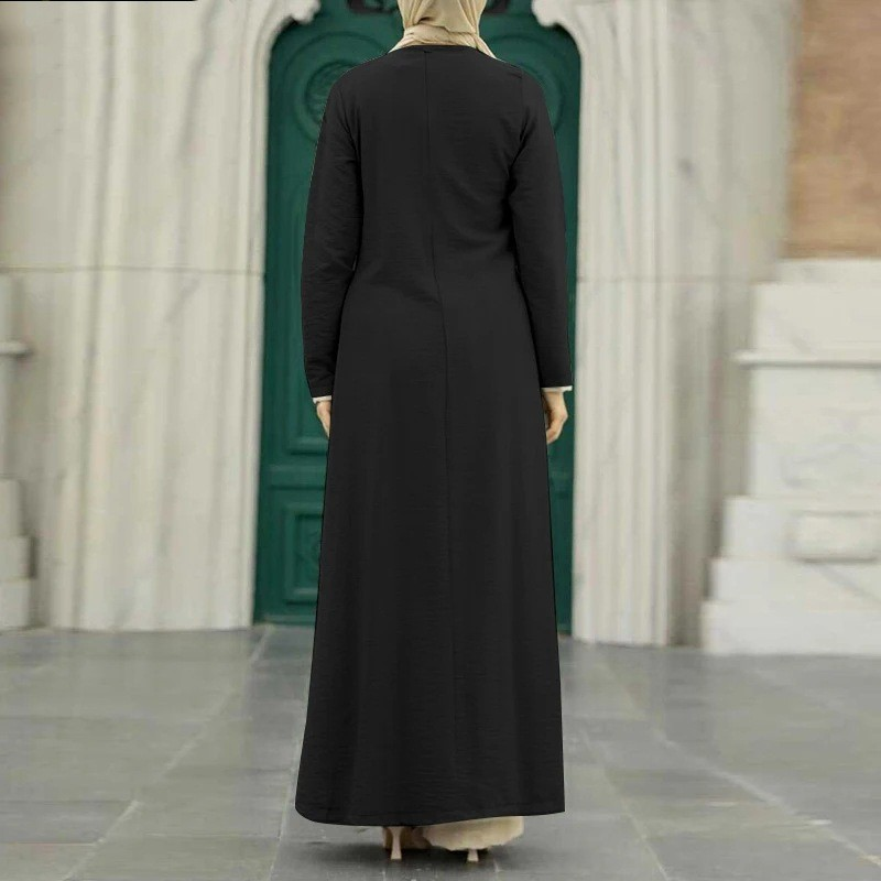 Damkläder Muslimska kvinnors issilke skrynklig långärmad hög slitsfåll klänning moderiktig enfärgad elegant intellektuell damrock_voghion.com