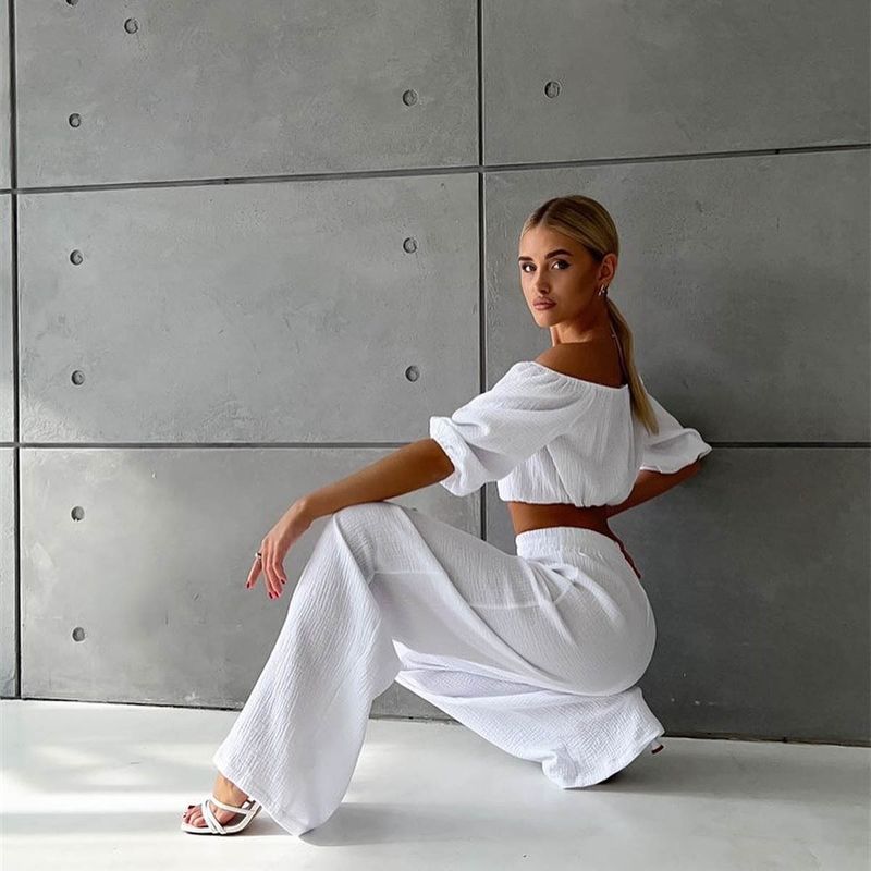 Damen-Knitterstoff aus reiner Baumwolle, einfarbig, kurzärmliges Oberteil mit Kragen, Hose mit hoher Taille und weitem Bein, lässiger Anzug_voghion.com