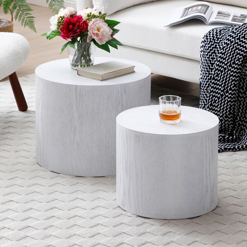 Round Coffee Table Set Of 2, Nesting Coffee Tables For MDF With Veneer .for Living Room,office,bedroom,Natural, 4Colors WHITE_voghion.com