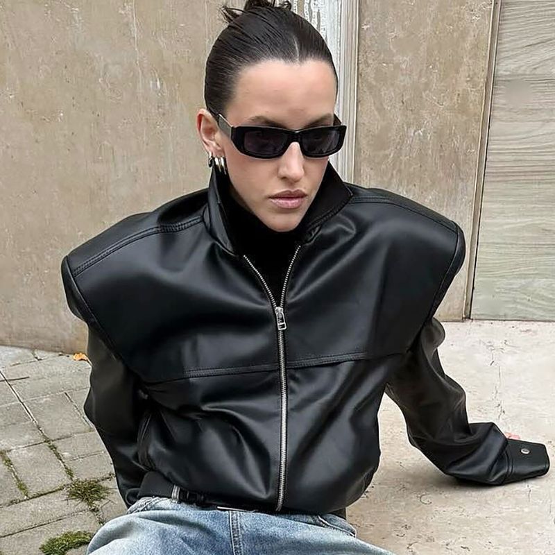 Veste de style motard automne-hiver, col montant, manteau en cuir, design élégant et tendance 2025, collection transfrontalière_voghion.com