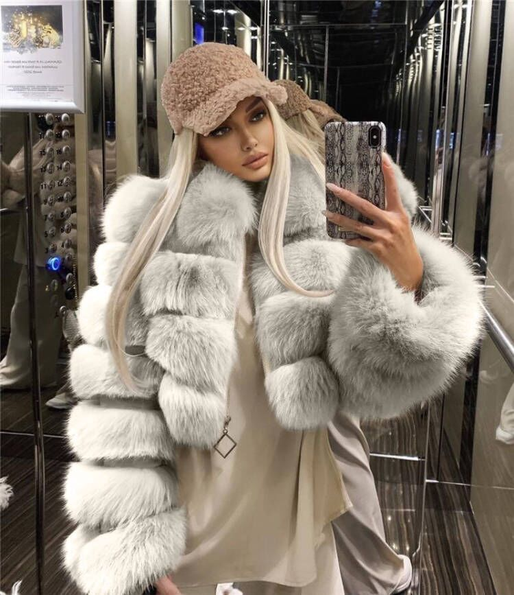 Women's Lapel Imitation Fur Coat Imitation Fox Fur Long Sleeve Patchwork Coat_voghion.com