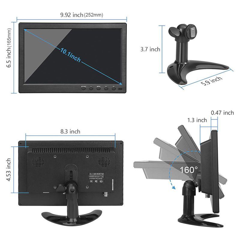 Monitor secondario per telecamera di backup USB BNC con schermo LCD a colori da 10,1 pollici compatibile con HDMI con ingresso AV VGA per TV e computer_voghion.com