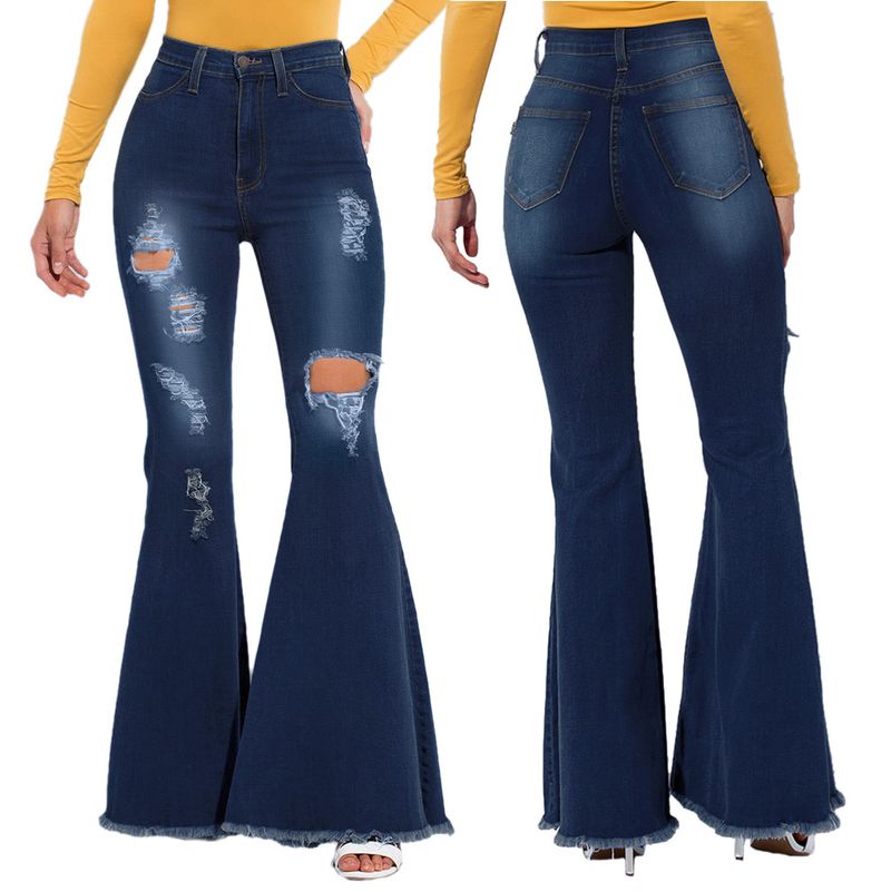 Modische Damenbekleidung mit weitem Bein, ausgewaschener, zerrissener Denim-Stretch-Schlaghose_voghion.com
