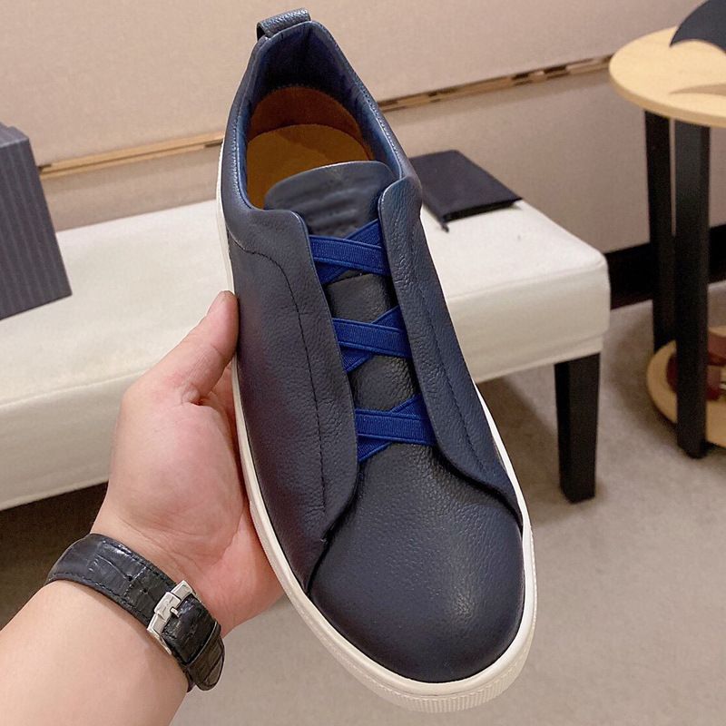 Z Brand Cross Elastic Band Sneakers White Men's Genuine Leather Lazy Slip-On Casual Shoes_voghion.com