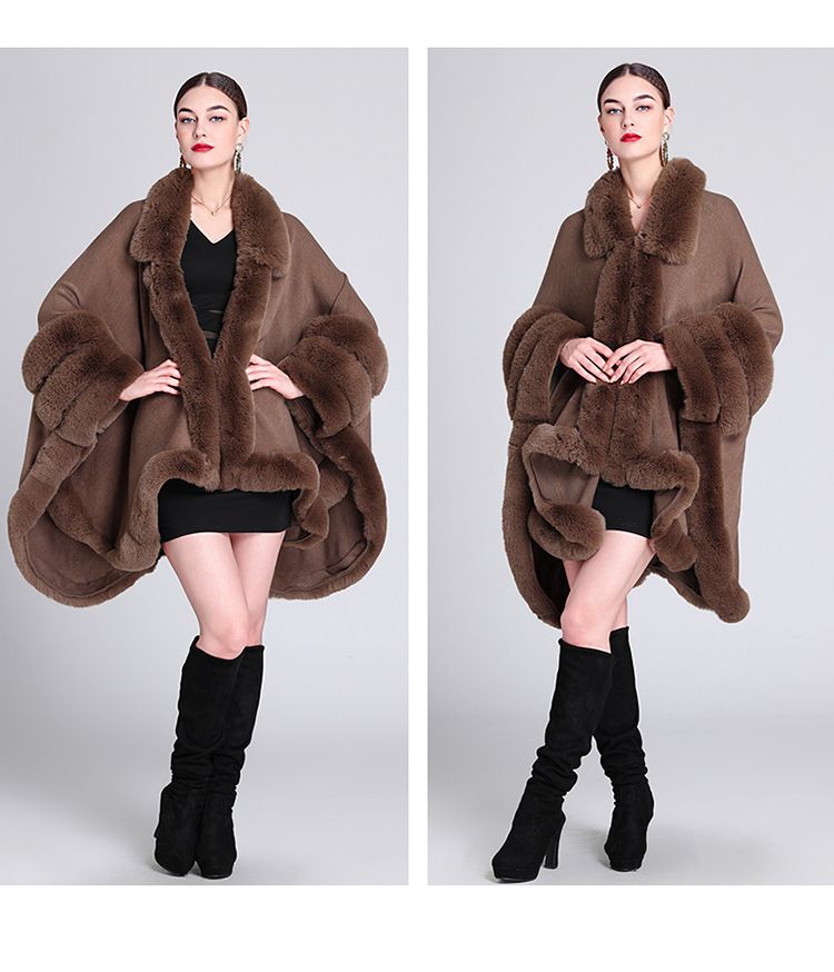 Pelerină cu guler de blană, cardigan tricotat lejer, mărime plus, pelerină pentru femei_voghion.com