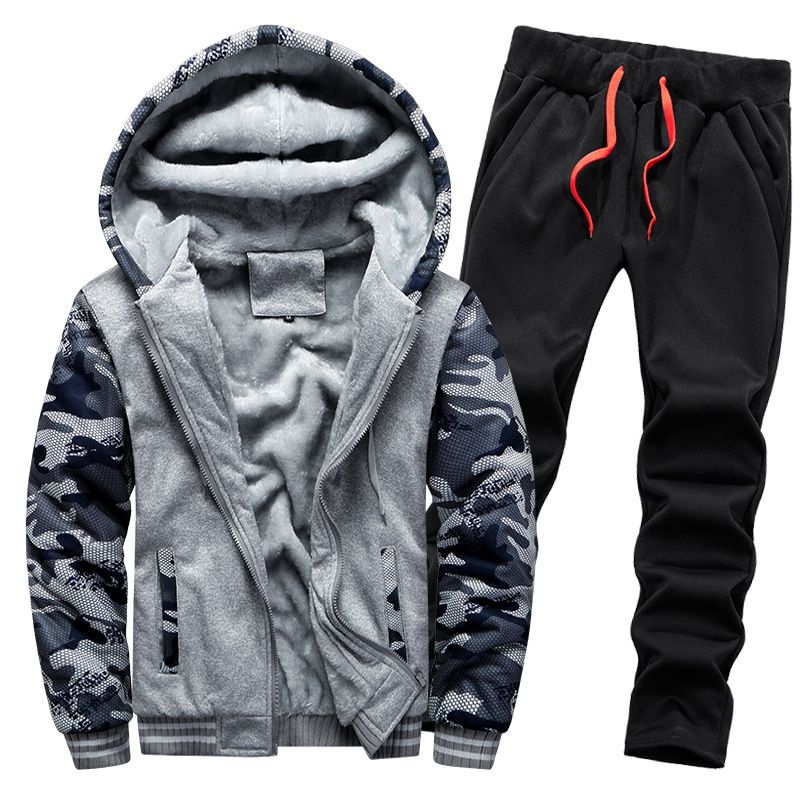 Completo felpa foderato in pile da uomo, cardigan invernale spesso e caldo, completo sportivo mimetico in due pezzi D6002_voghion.com