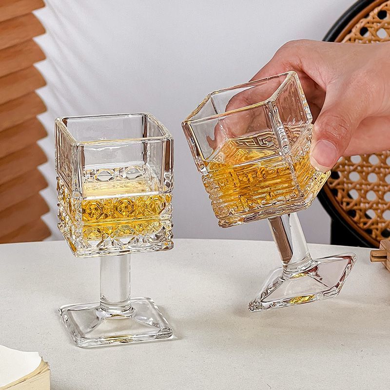 Exquisite European Style Embossed Flower Goblet Square Small Wine Household Liquor Shot Spirits Glass Cup_voghion.com