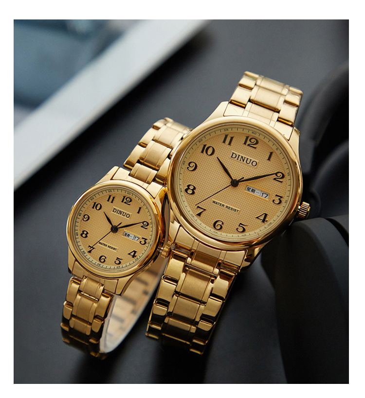 DINUO_B Paaruhr für Herren und Damen, Doppelkalenderscheibe, schlichtes, modisches Temperament, goldener Stahlgürtel, römische Oberfläche_voghion.com