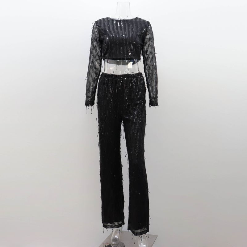 Costum de primăvară pentru femei, cu guler rotund, mânecă lungă, scurt, pantaloni, costum de două piese, tricou casual cu paiete și ciucuri_voghion.com