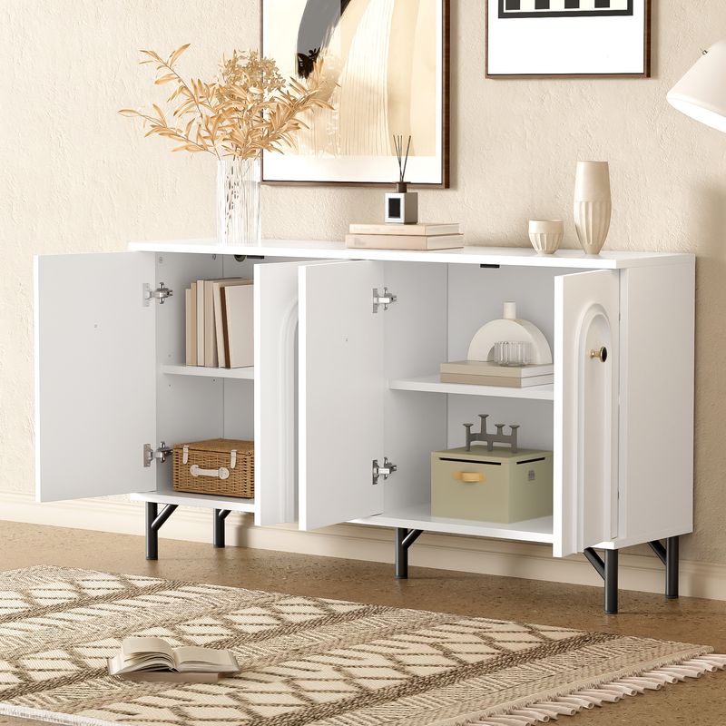 Credenza Weiß 140cm Mit 4 Türen, 3D-Bogenfront, Verstellbaren Böden_voghion.com