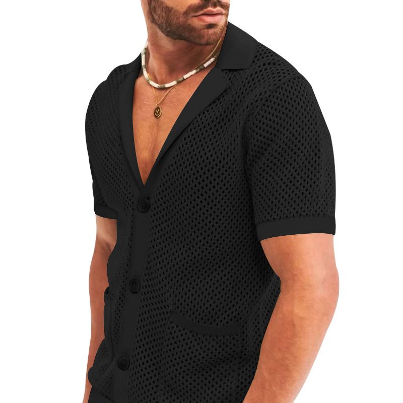 Herrenbekleidung Herrenmode aushöhlen durchsichtig cool lässig dünne Oberbekleidung Herren Kurzarm Shorts Set_voghion.com