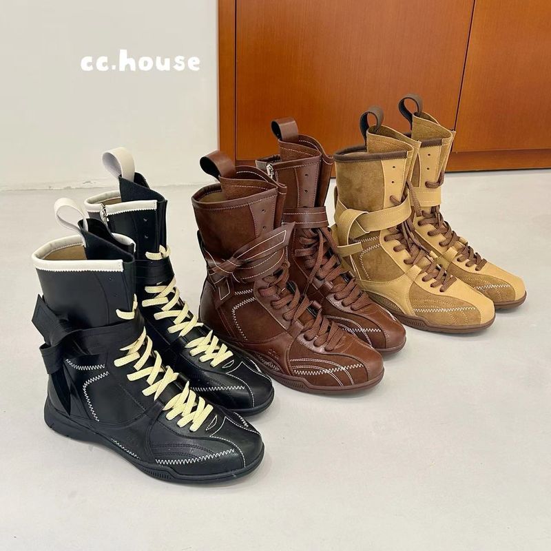 Women Boxing Boots 2025 Spring Height-Increasing Martin For Women, Brown Boxing Suede Round-Toe Lace-Up Sports Boots, Short Boots_voghion.com