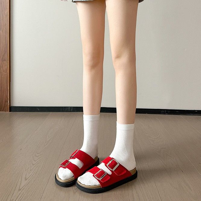 Grape Mom Casual Item Comfortable Lazy Double Buckle Strap Versatile Thick Sole Boken Half Slippers Women's Summer_voghion.com