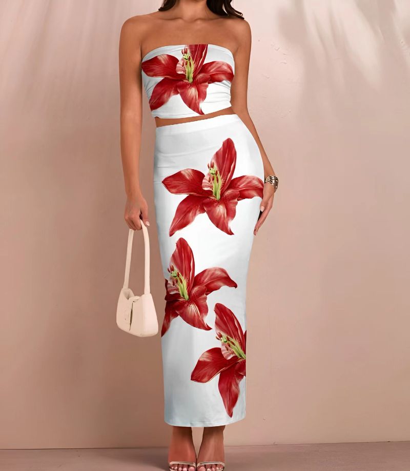 Dameskleding Mode Bloemenprint Multi Color Temperament Slim Fit Tube Top Heup Lange Rok Pak_voghion.com