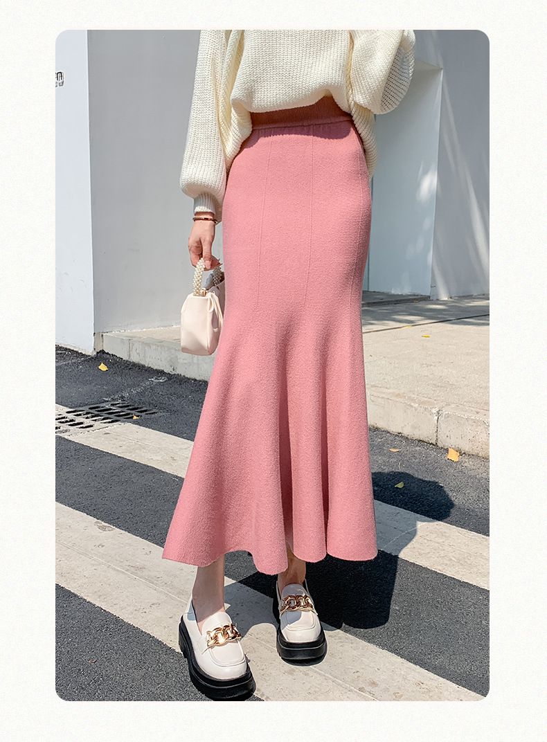 Knitted fish tail autumn and winter new Korean version solid color temperament bag hip ruffle edge mid length skirt_voghion.com