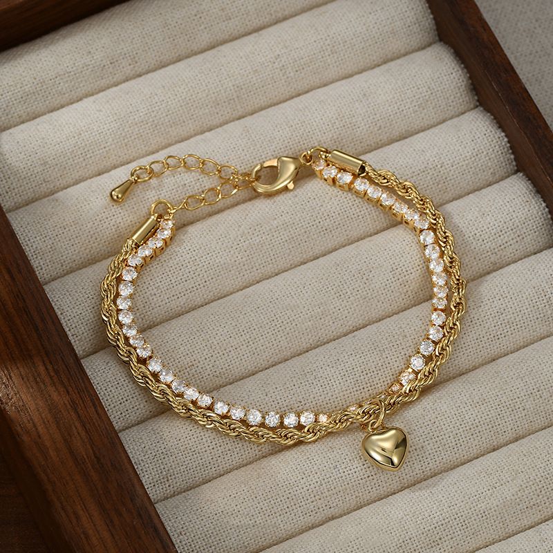 Bracelet cœur haut de gamme pour femme, style Instagram, maille double couche en zircon, collection européenne et américaine 2025._voghion.com