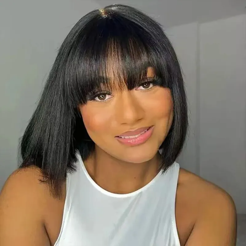 Bob Wigs Full Machine Made Wig for Women Brazilian Short Straight Hair Bob Wigs Human Hair Wig With Bangs_voghion.com