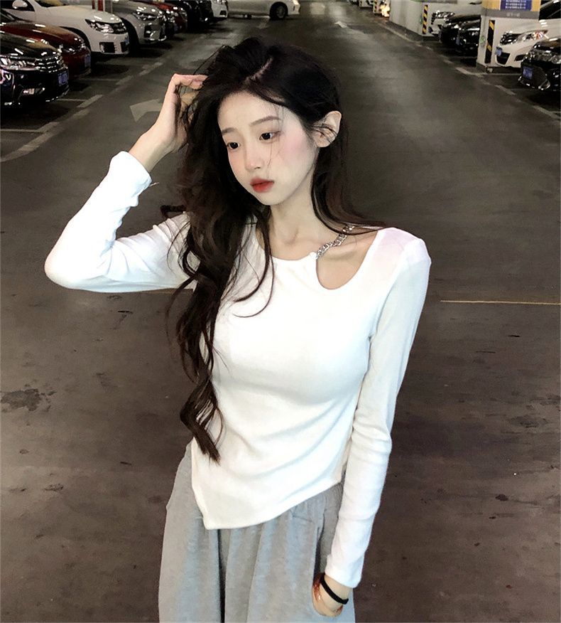 Irregular Hot Girl Slim Fit Inner Layer Base Shirt Top Design Hollow Out Off-Shoulder Short Long Sleeve T-Shirt For_voghion.com