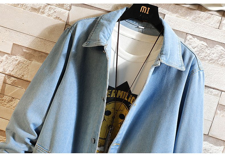 Langer, knielanger Denim-Trenchcoat für Herren, schmale Passform, Freizeitjacke für den Frühling (Schwarz/Blau) – M-5XL_voghion.com