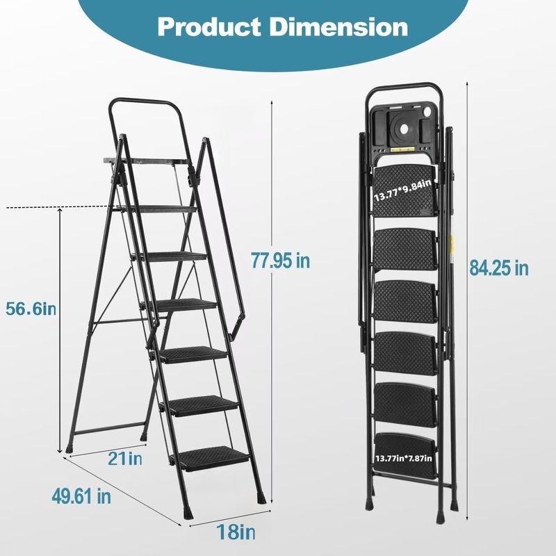 Folding Step Stool With Bandwidth Anti Slip Pedals And Tool Trays, Lightweight And Portable Steel Step Stool, Perfect For Kitchen And Home, Indoor And Outdoor Use, Sturdy Steel Steps (6 Levels)_voghion.com
