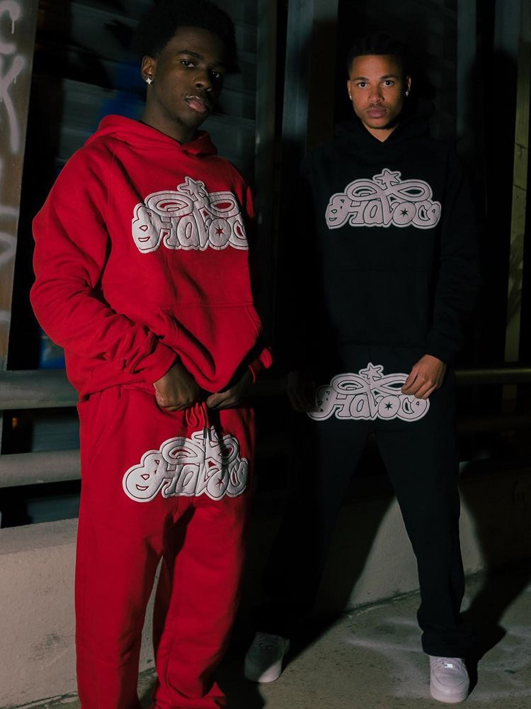 Men's Streetwear Hoodie & Jogger Set - Oversized Pullover With Print, Casual Loungewear (Gray/Red/Black, S-XL)_voghion.com