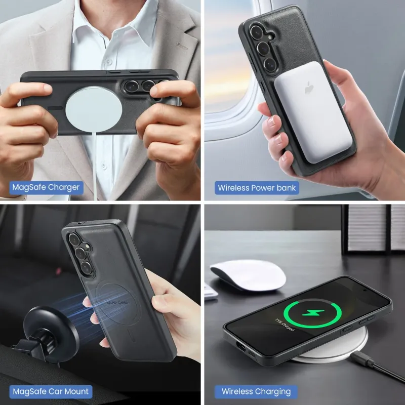 Für Samsung Galaxy S25 S23 Ultra S24 Plus Telefonhülle mit magnetischem abnehmbarem Kartenhalterring Kabellose Ladelederabdeckung_voghion.com