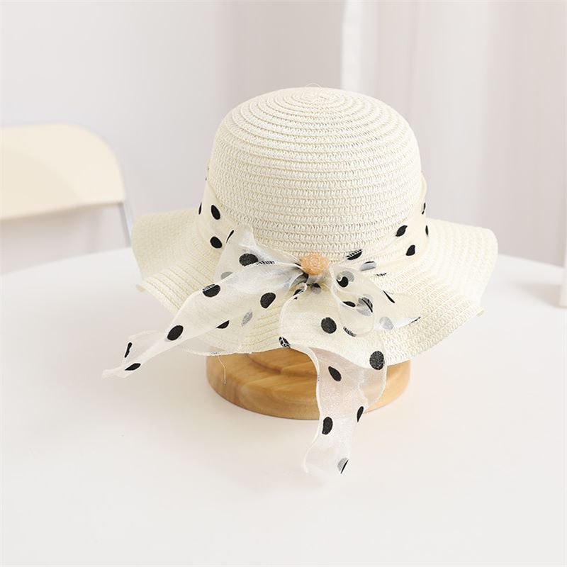 Nuovo set di cappelli e borse parasole con fiocco coreano a pois e onde di paglia per bambini, dolce e carino_voghion.com